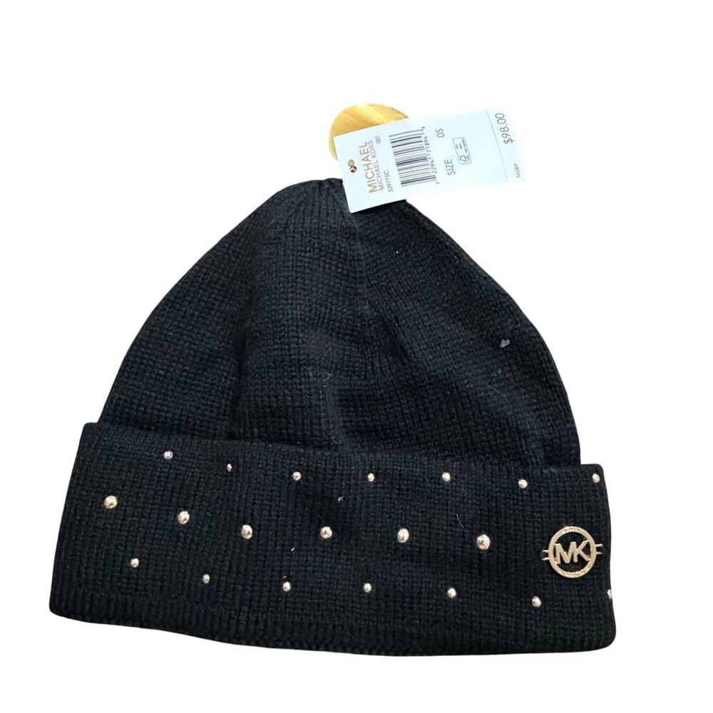 NWT Michael Kors black beanie hat w gold design soft warm gift ideas Christmas